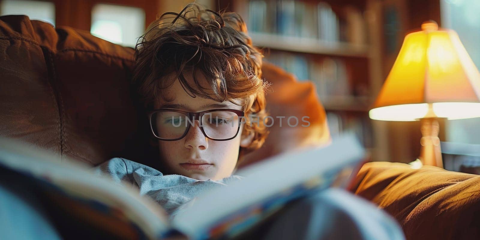 teen boy reading a book at home. ai generated