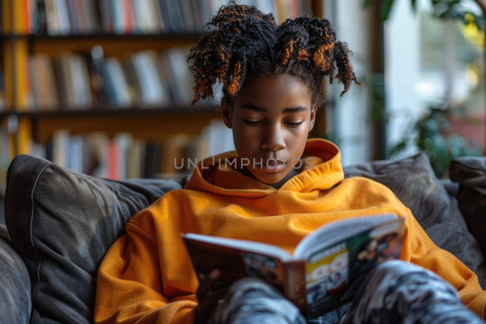 teen boy reading a book at home. ai generated by Desperada