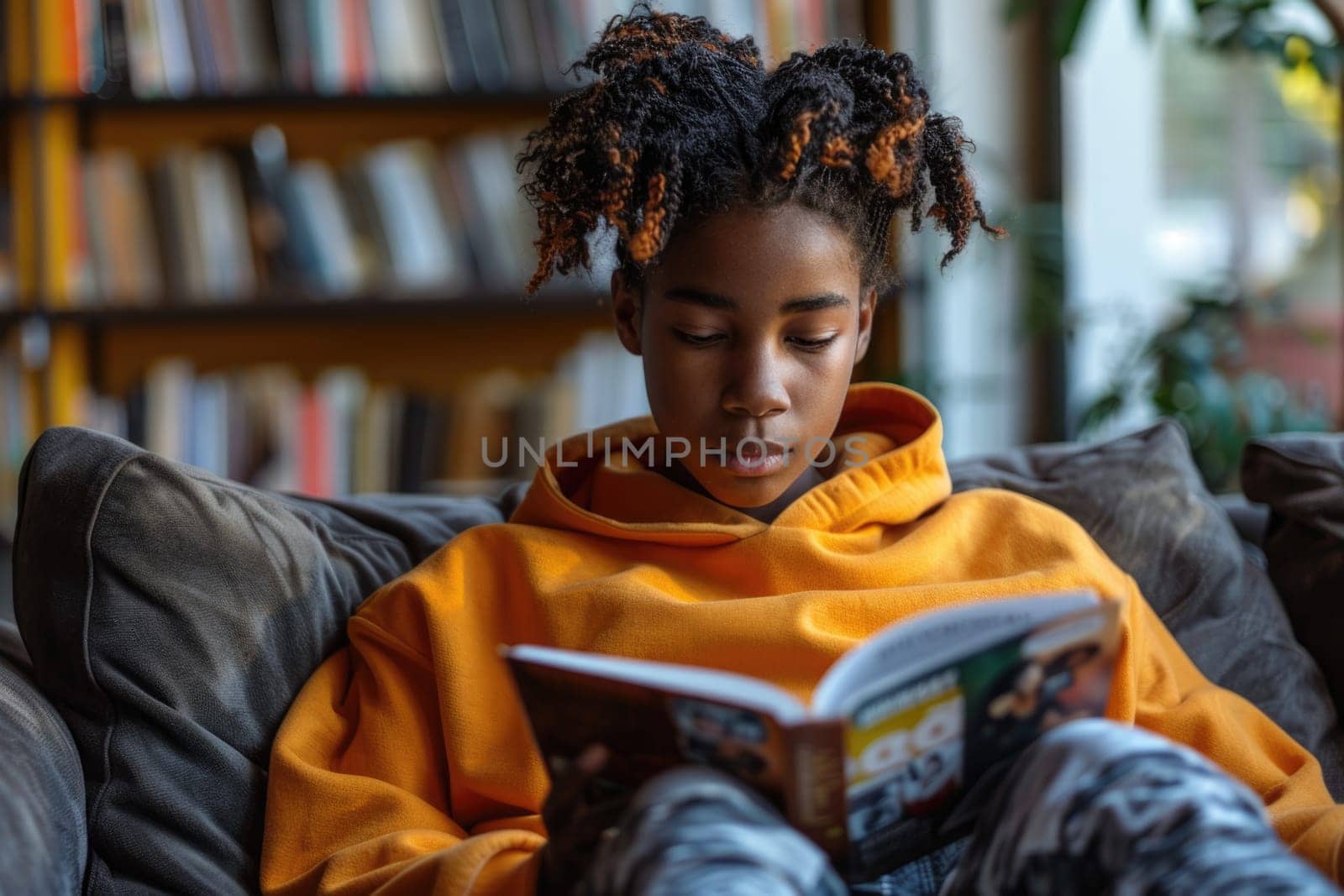 teen boy reading a book at home. ai generated