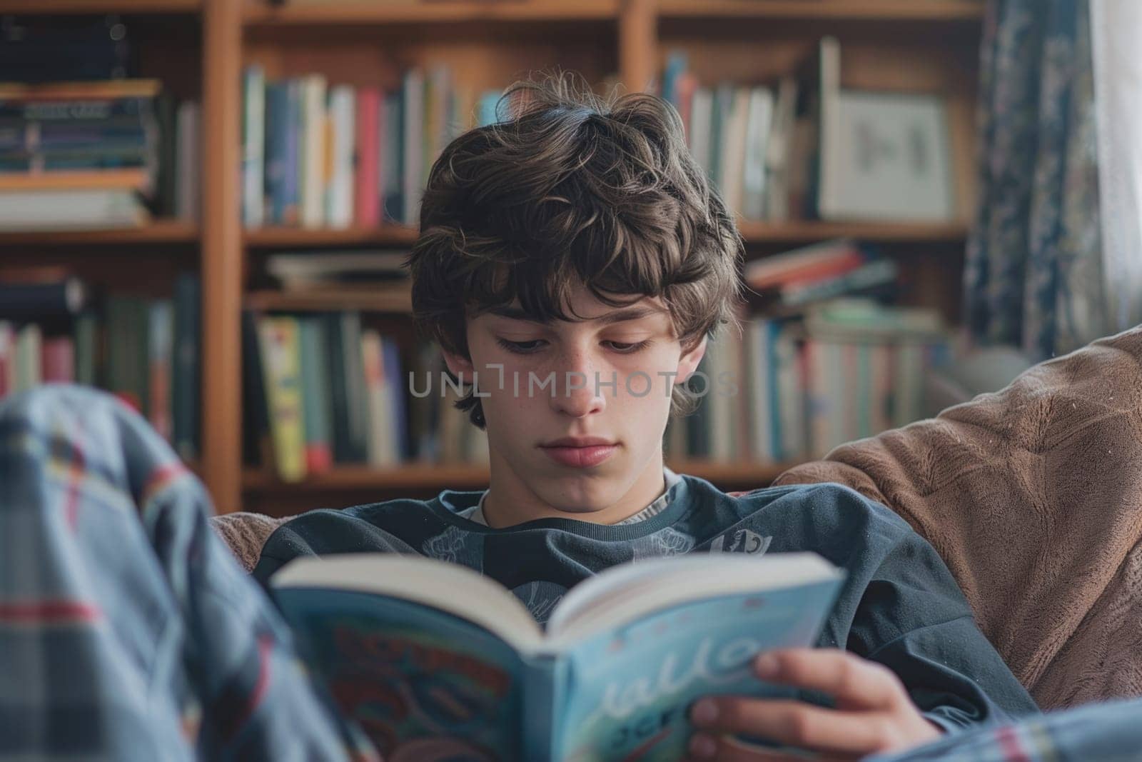 teen boy reading a book at home. ai generated by Desperada