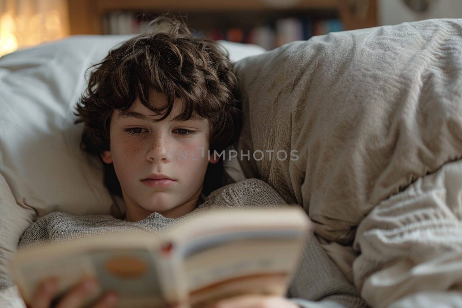 teen boy reading a book at home. ai generated by Desperada