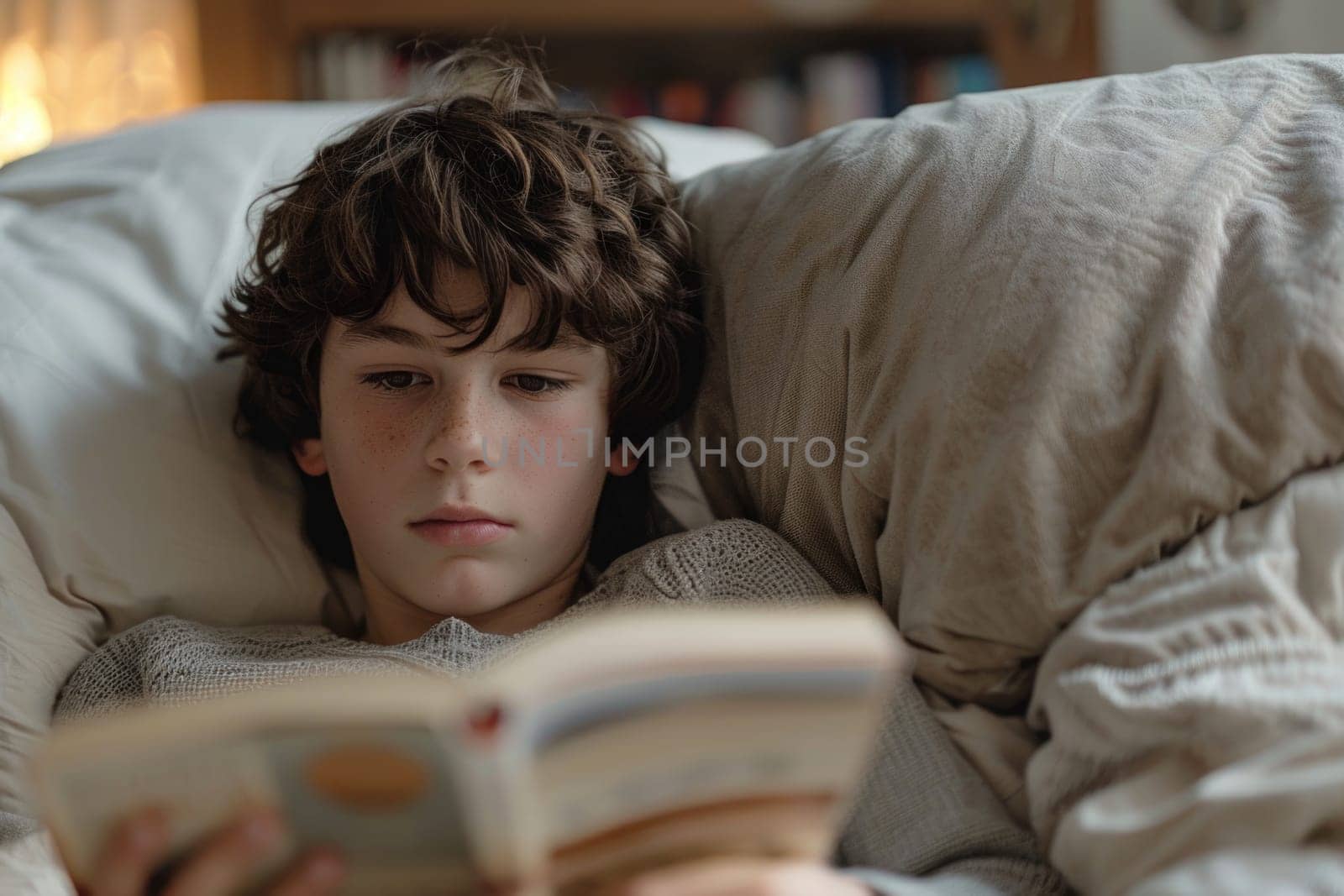 teen boy reading a book at home. ai generated