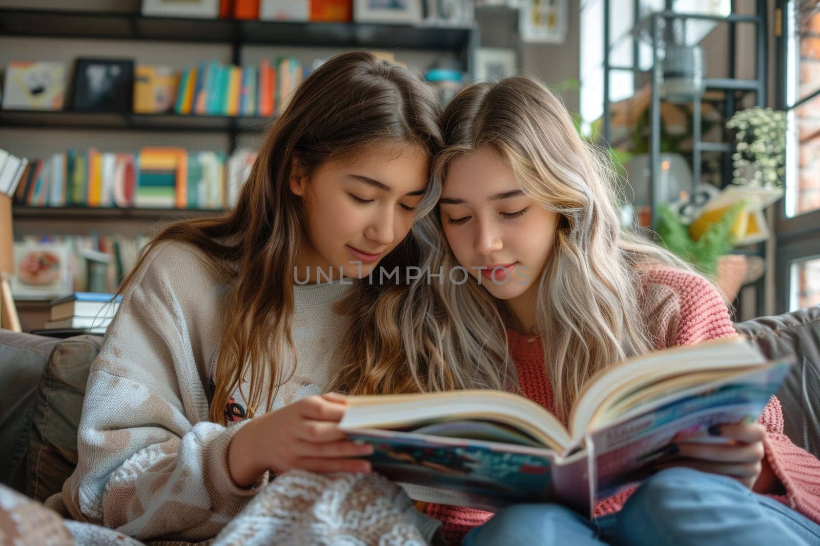 teen girls reading a book at home. ai generated by Desperada