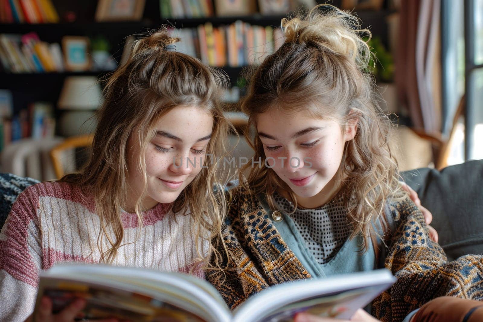 two teen girls reading a book at home. ai generated