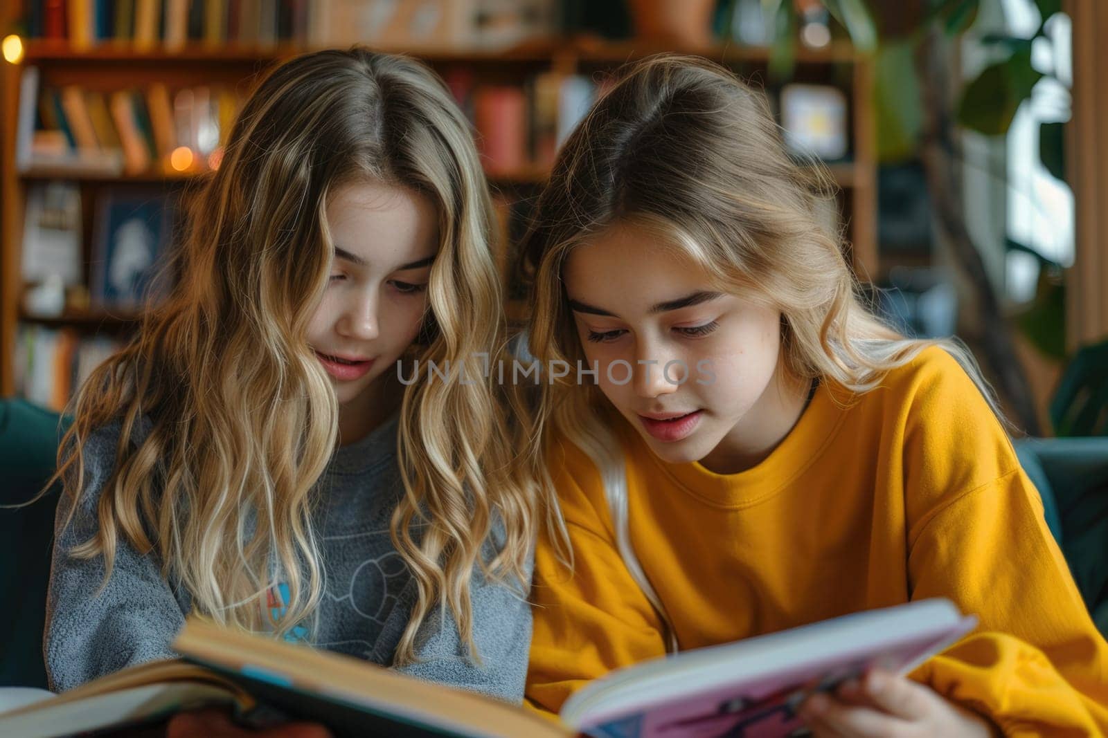 teen girls reading a book at home. ai generated by Desperada