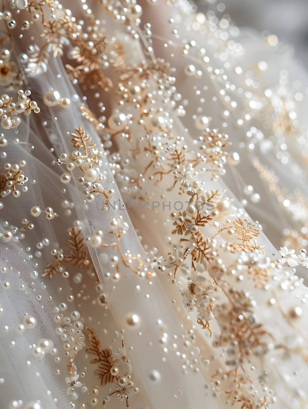 A detailed close up of a white dress adorned with pearls and gold embellishments, perfect for a bridal accessory. Captured in stunning macro photography