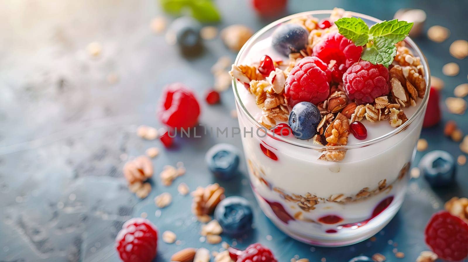 Homemade yogurt with fruits, berries and nuts in a glass glass. AI generated. by OlgaGubskaya