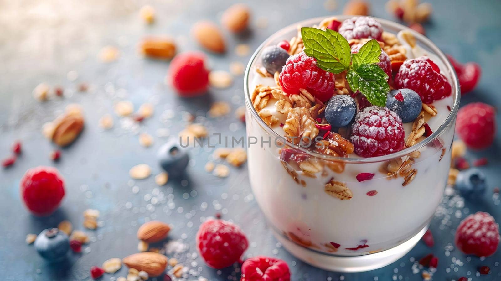 Homemade yogurt with fruits, berries and nuts in a glass glass. AI generated. by OlgaGubskaya