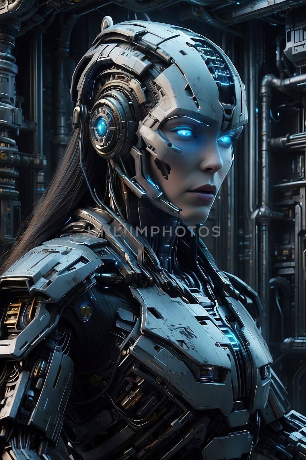 3D rendering of a female robot in futuristic space. Generative AI.