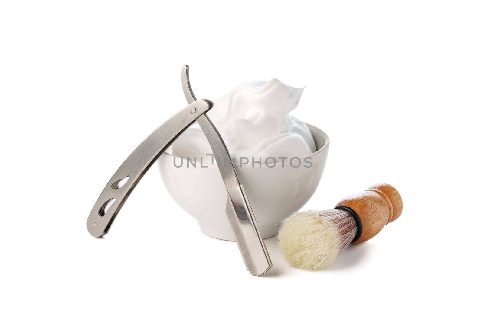 Vintage shaving razor and tools isolated on white background
