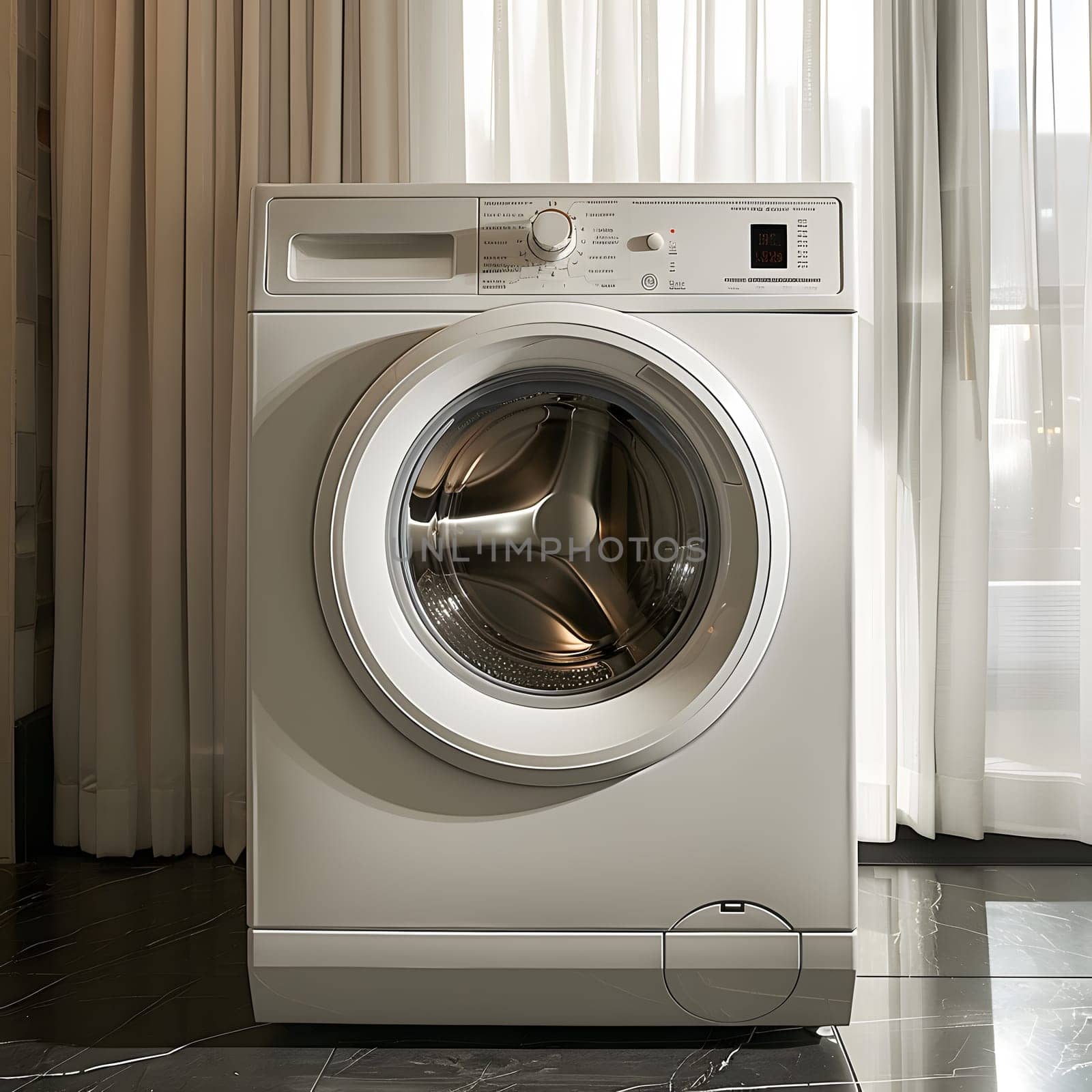 A white washing machine is placed in a laundry room next to a window, complemented by a clothes dryer. This home appliance is a fixture designed with automotive elements, powered by gas