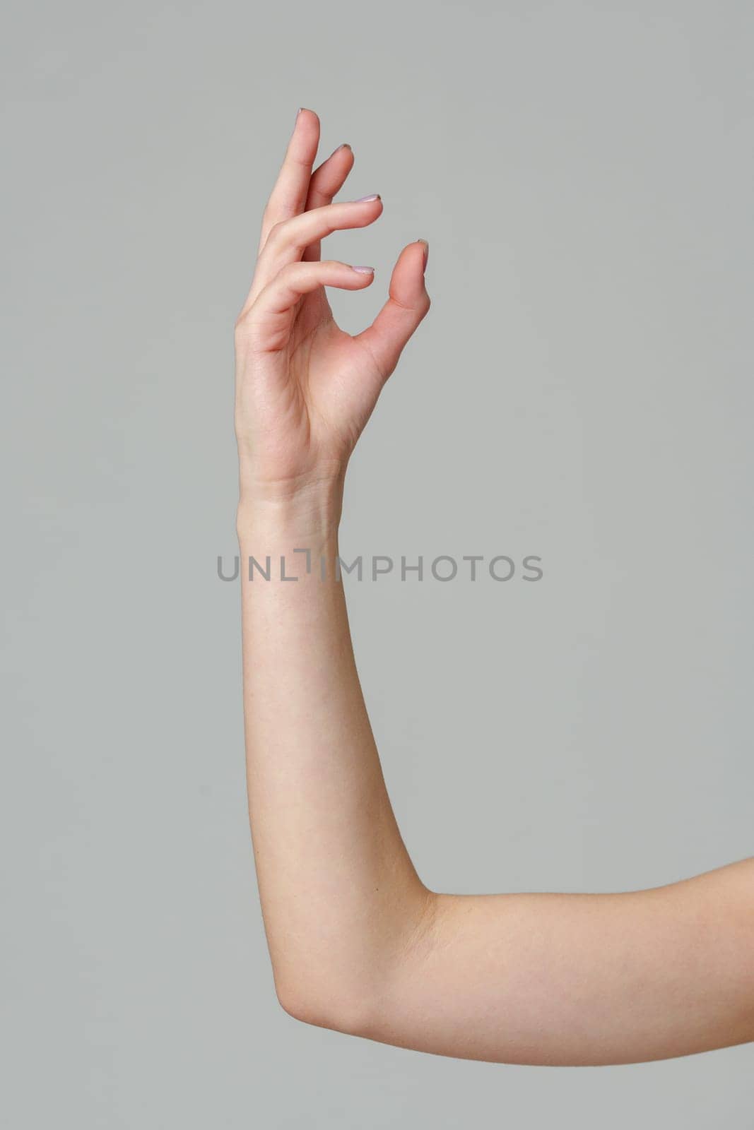 Female hand sign against gray background in studio by Fabrikasimf