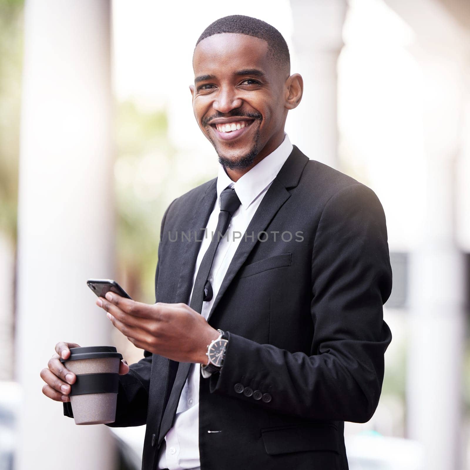 Portrait, coffee and black man with smartphone in city for ride share, online location or commute. Search, smile and lawyer on mobile phone for transport service, travel or drive app in urban town.