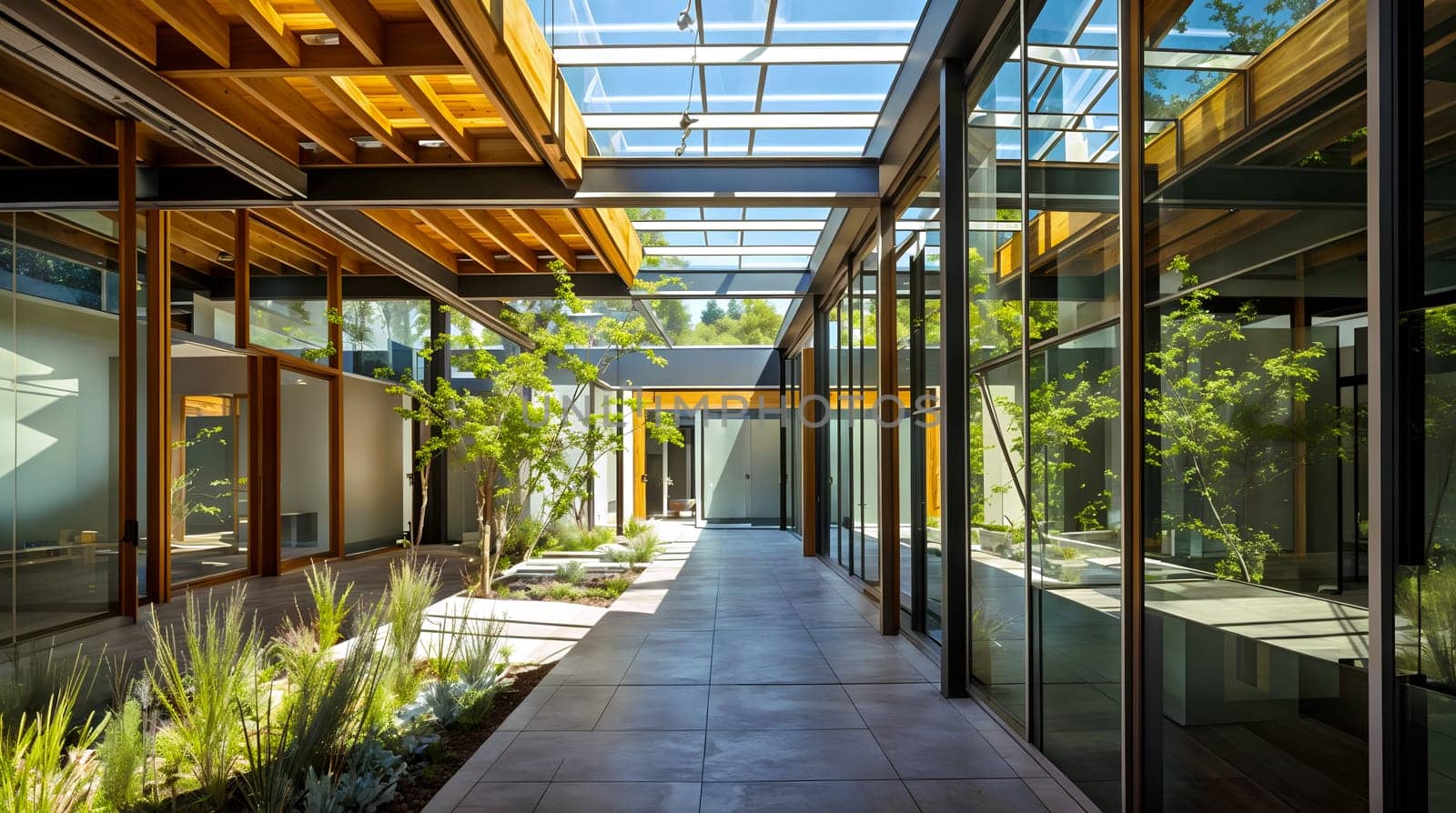 Brightly Lit Hallway With Floor-to-Ceiling Windows and Green Plants by chrisroll