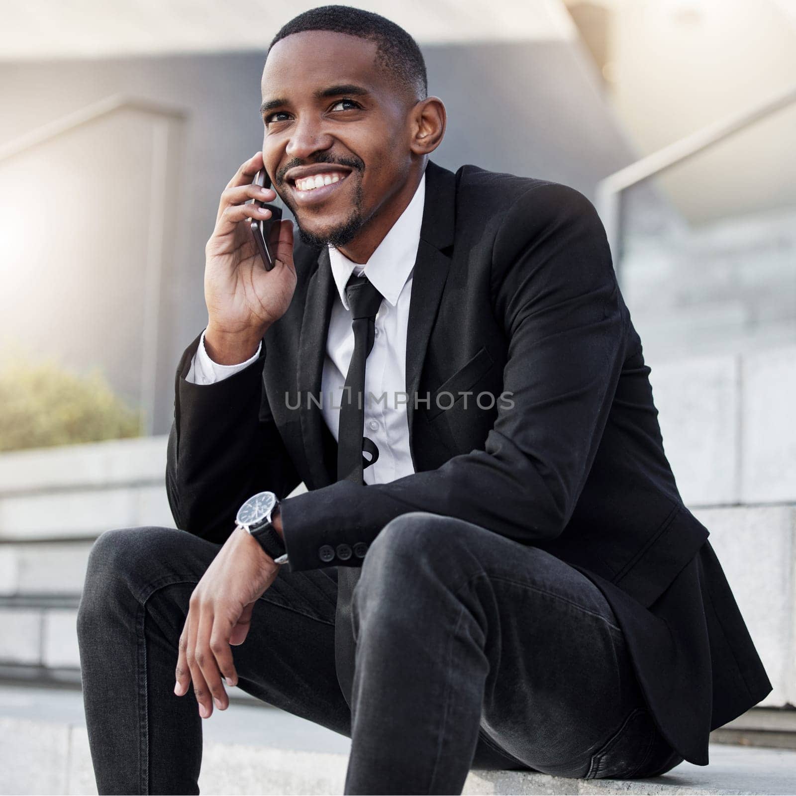 Businessman, happy and phone call on city steps for networking or business travel plans and communication. Male employee, smartphone and corporate conversation on company feedback or sales review