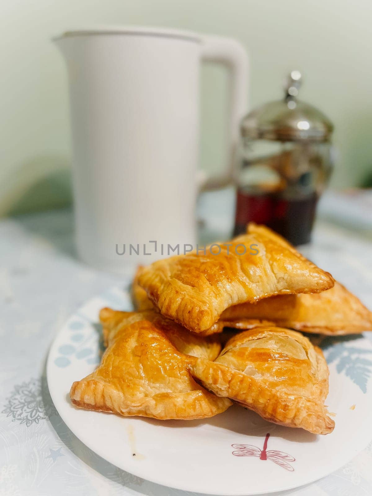 Puff pastry with meat filling on a white plate. by Pukhovskiy