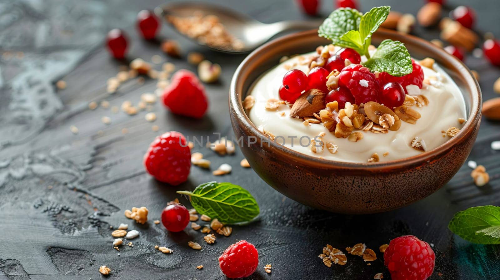 Homemade yogurt with fruits, berries and nuts in a bowl. AI generated. by OlgaGubskaya