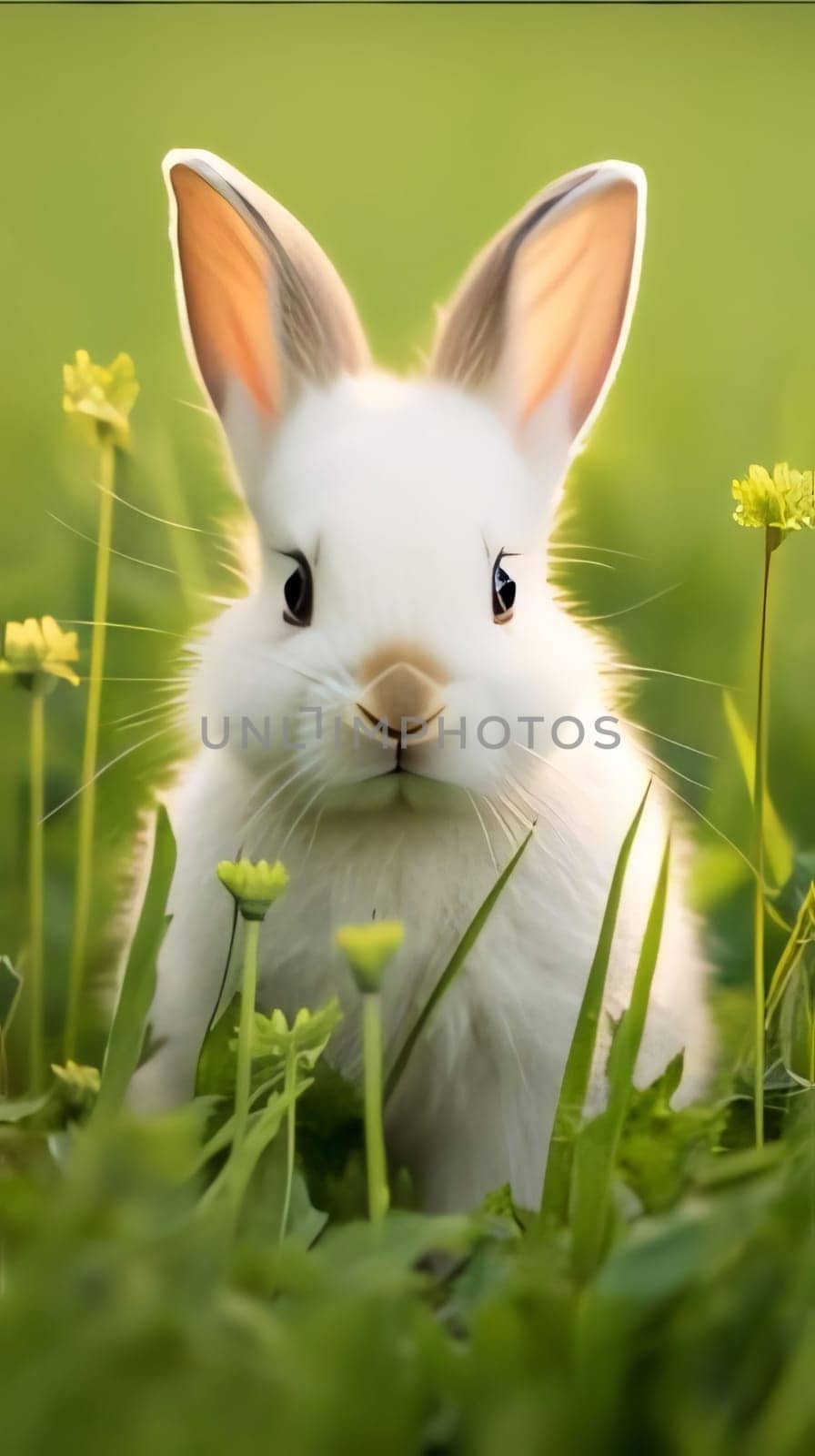 Cute white rabbit in the grass. Easter bunny in the grass. by ThemesS