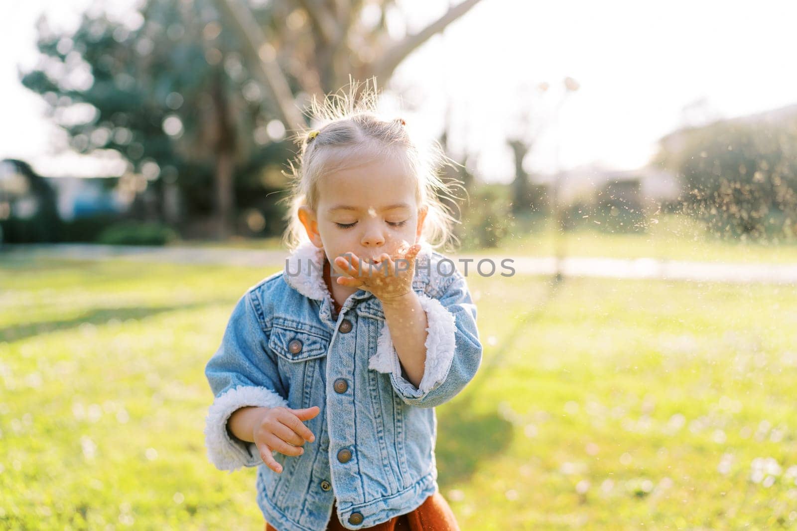 Little girl blows dandelion fluff from her palm while standing in a sunny meadow. High quality photo