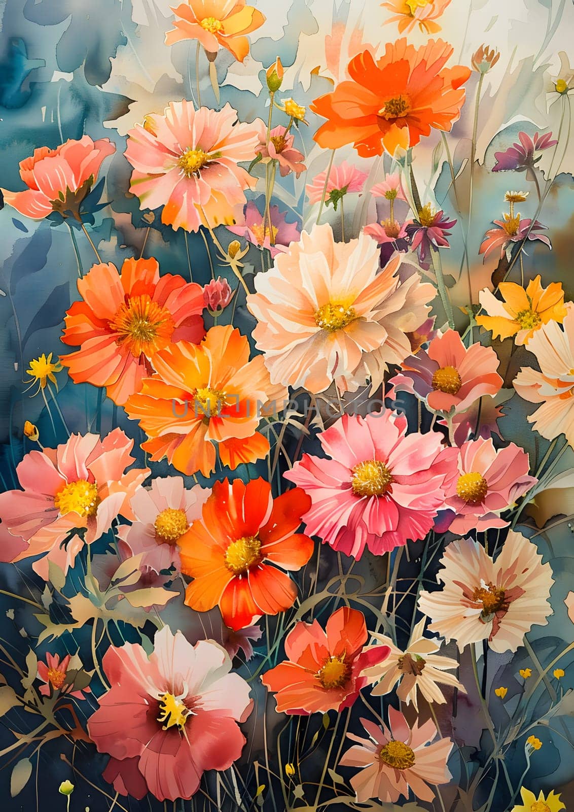 Vibrant flowers on a blue canvas, showcasing creative flower arranging by Nadtochiy