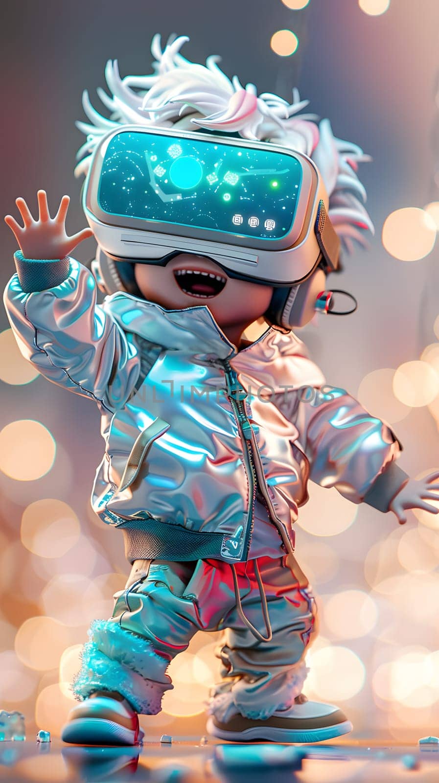 A happy toddler, wearing a pink virtual reality headset, is waving while dressed in sports gear. Personal protective equipment, such as a helmet, is essential for this event