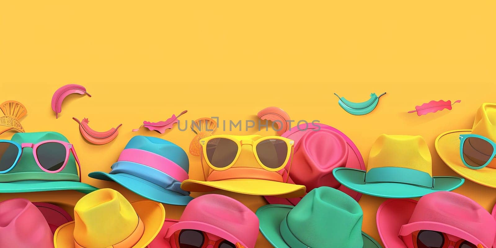 A row of colorful hats and sunglasses on a yellow background. The hats and sunglasses are arranged in a way that creates a sense of fun and playfulness