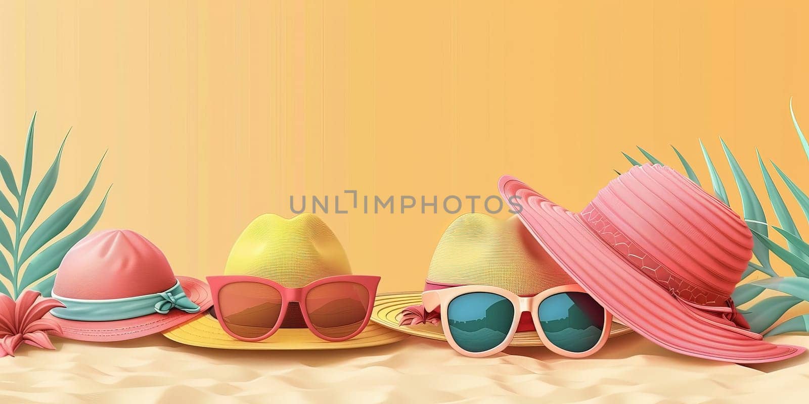 A row of hats and sunglasses on a beach. The hats are pink and yellow, and the sunglasses are blue. The scene is bright and cheerful, with the hats