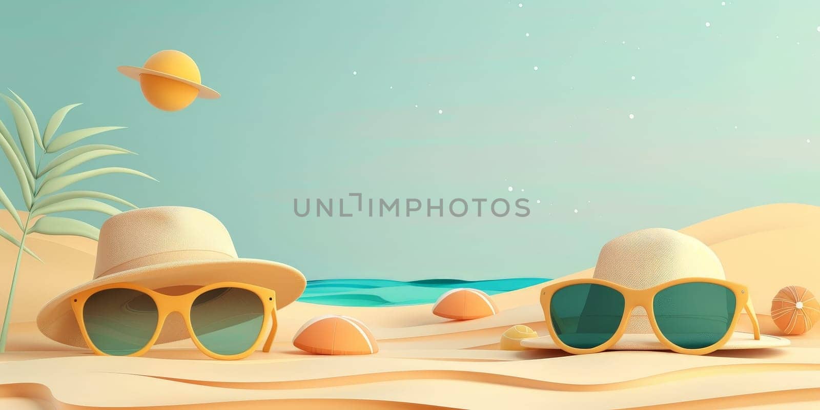 Two people are on a beach with sunglasses and hats. Scene is relaxed and carefree