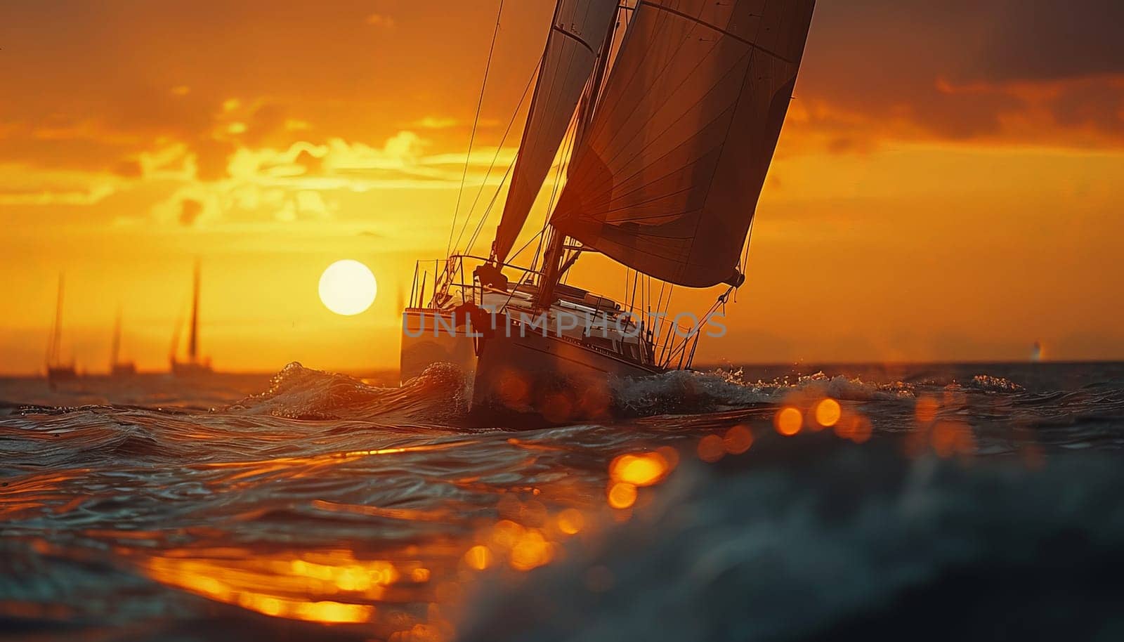A sailboat is sailing in the ocean with the sun setting in the background. The sky is orange and the water is calm