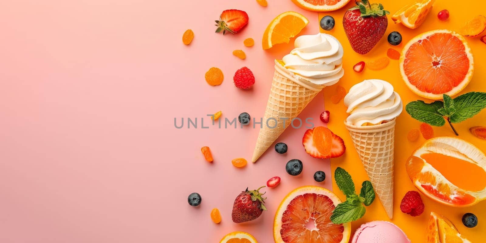A colorful background with ice cream and fruit by nateemee