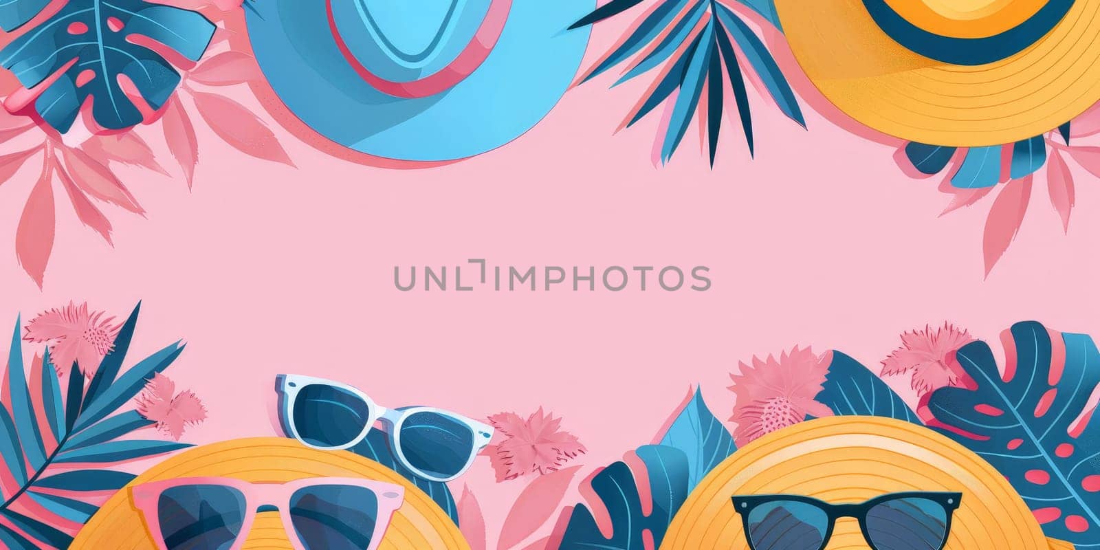 A pink background with a leafy border and a hat and sunglasses on it