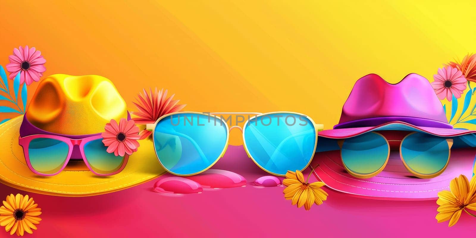 Two sunglasses and two hats are displayed on a table with flowers by nateemee