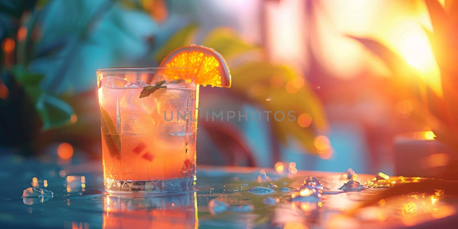 A glass of a drink with an orange slice in it. The image has a bright and cheerful mood, with the sun shining on the drink and the surrounding area