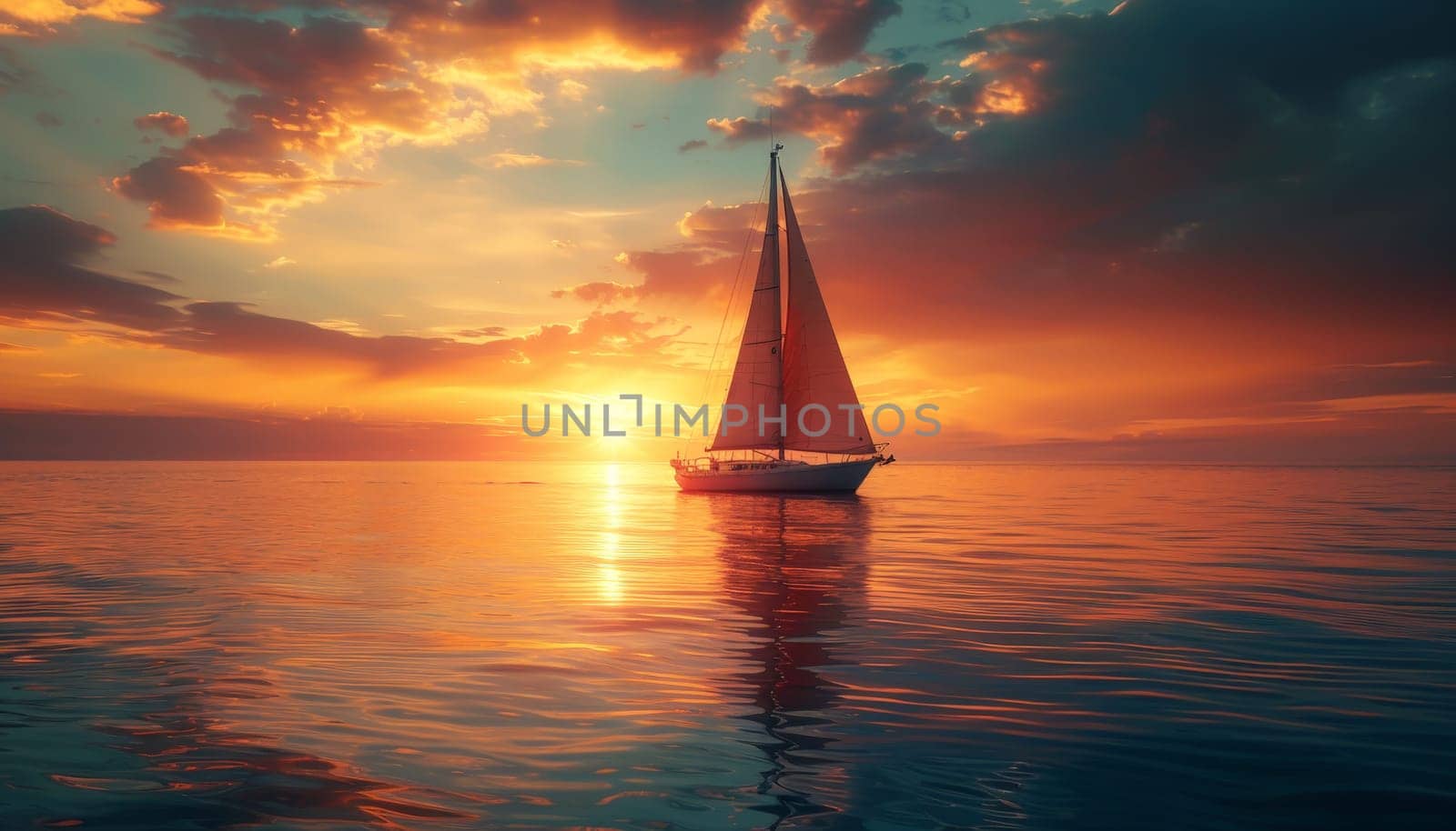 A sailboat is sailing on a calm ocean at sunset. The sky is filled with clouds and the sun is setting, creating a beautiful and serene atmosphere