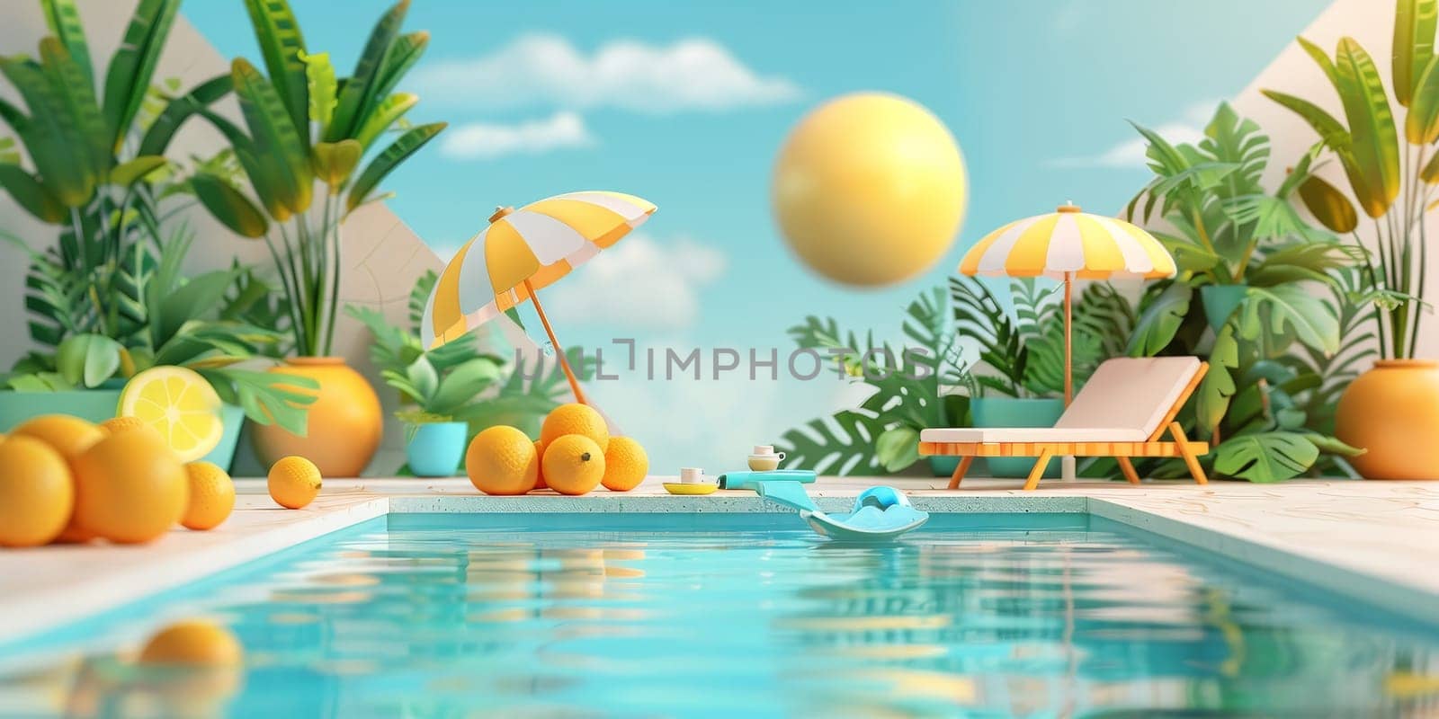 A cartoonish scene of a pool with a yellow sun in the sky and two umbrellas