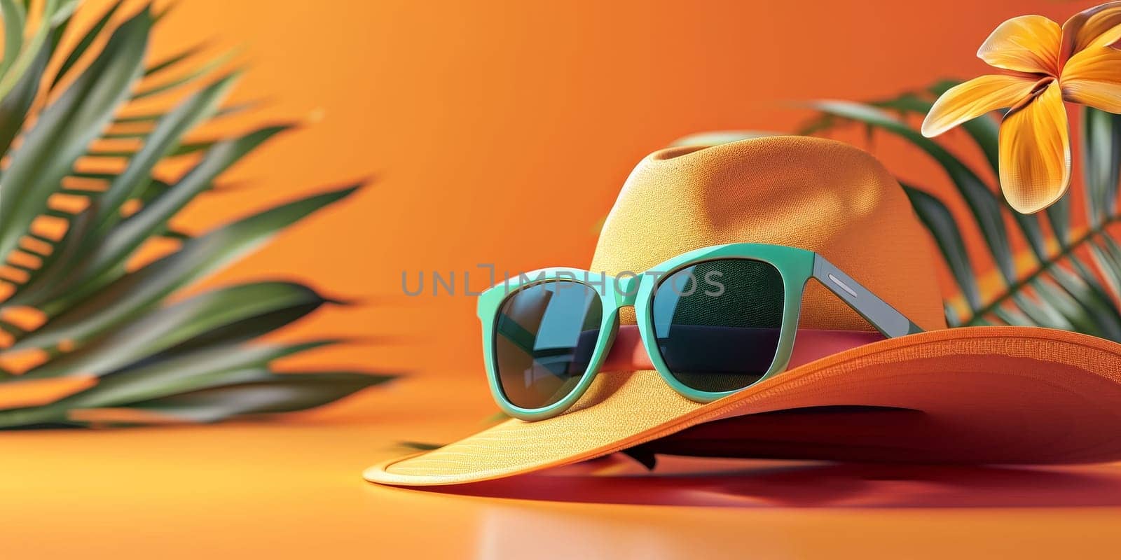 A hat and sunglasses are on a table in front of a leafy green background. Concept of relaxation and leisure, as the hat
