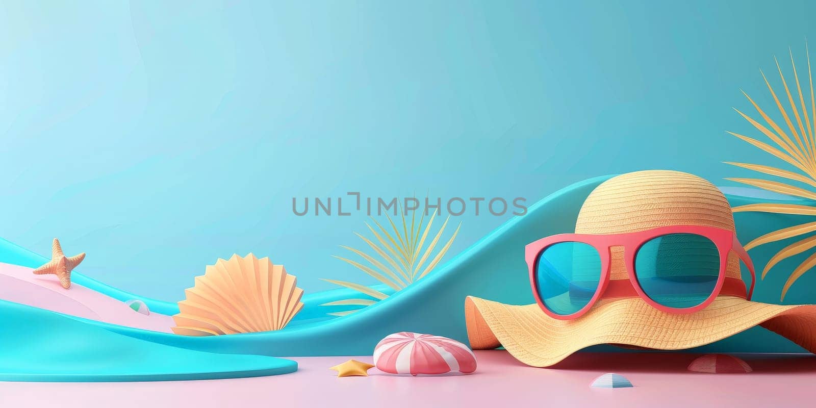 A beach scene with a hat and sunglasses on top of a blue background