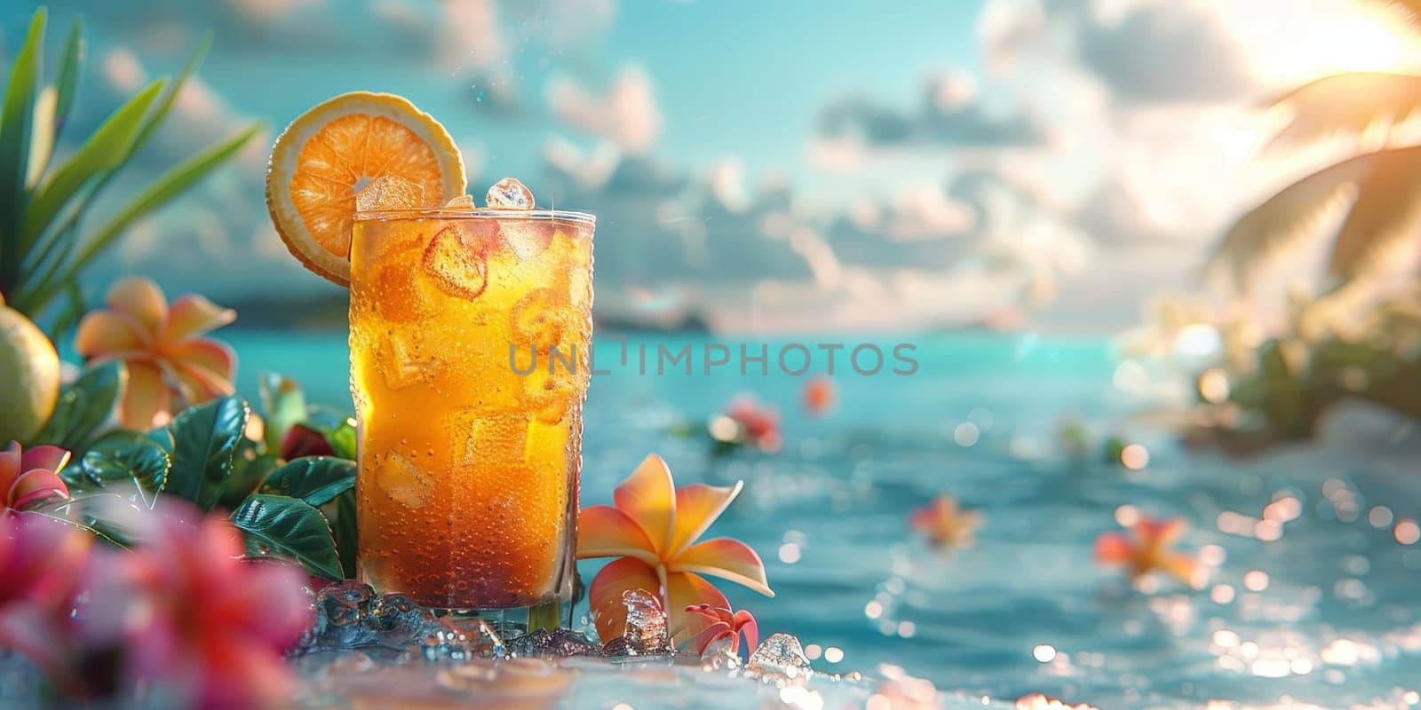 A glass of iced tea is on a table next to a body of water. The image has a tropical vibe, with a beach setting and a drink that is perfect for a hot day