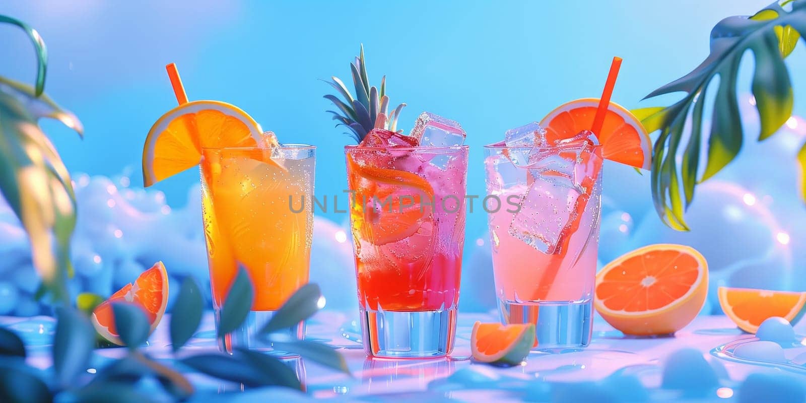 Three colorful drinks with straws in them are on a table with oranges and leaves. The drinks are in tall glasses and the table is set in a tropical setting