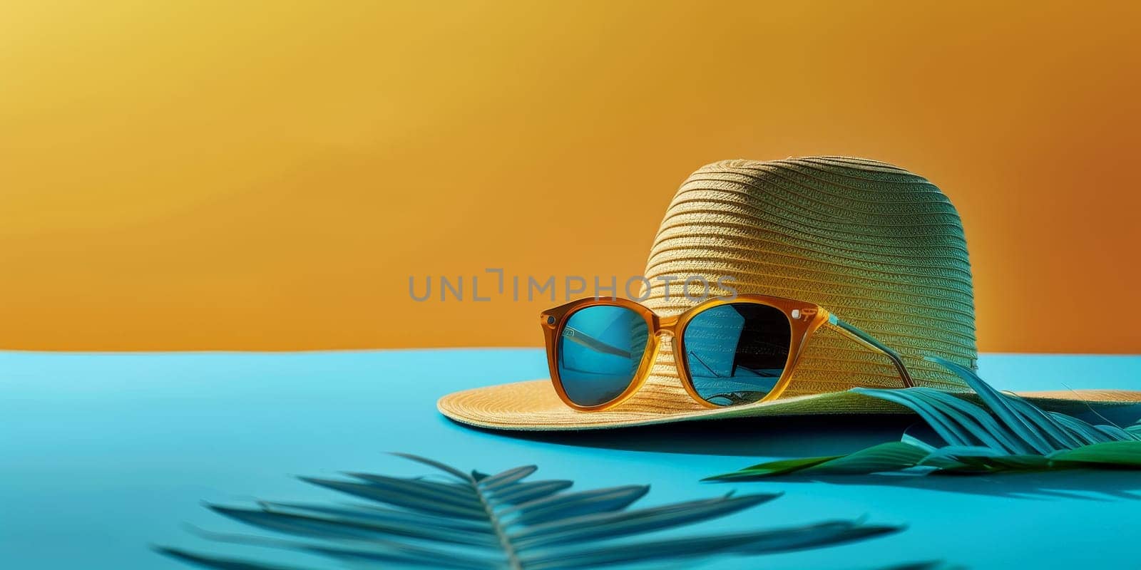 A straw hat and sunglasses are on a table. The image has a bright and sunny mood