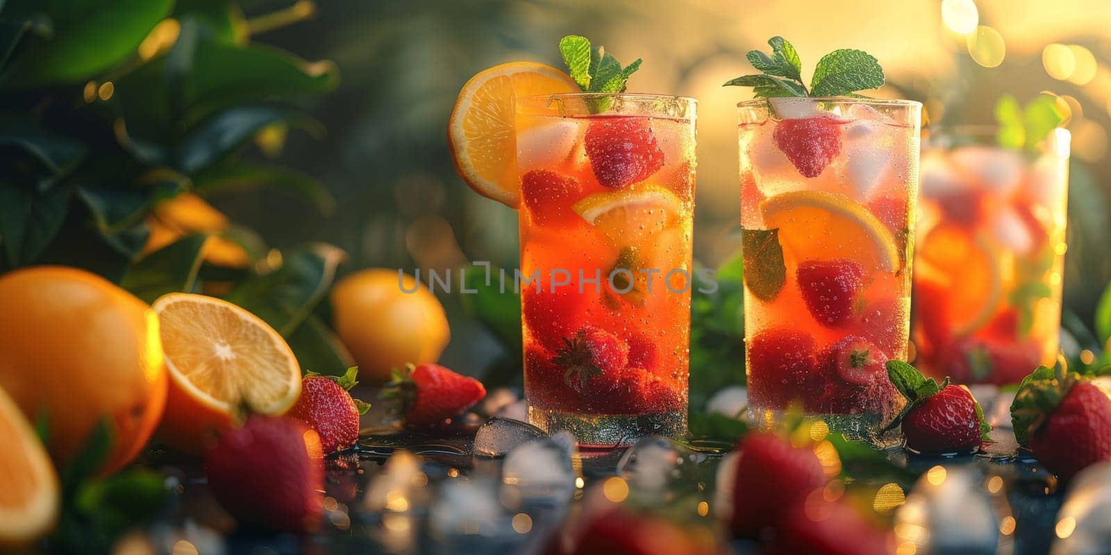 A glass of fruit punch with a strawberry garnish sits on a table next to a glass of fruit punch with a strawberry garnish