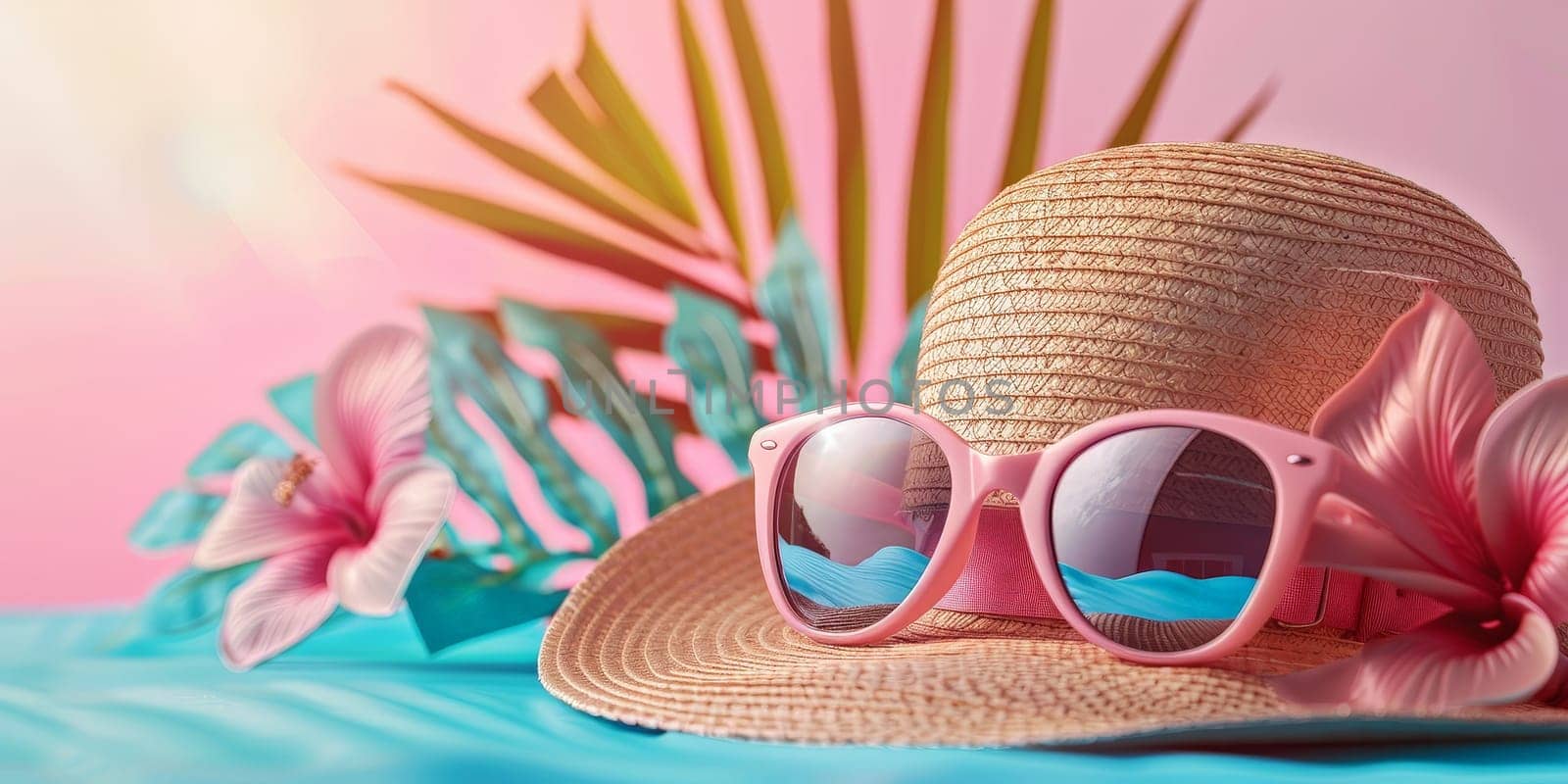 A pink straw hat with sunglasses sits on a table next to a pink flower. The hat and sunglasses give off a fun and playful vibe, while the pink flower adds a touch of romance and femininity