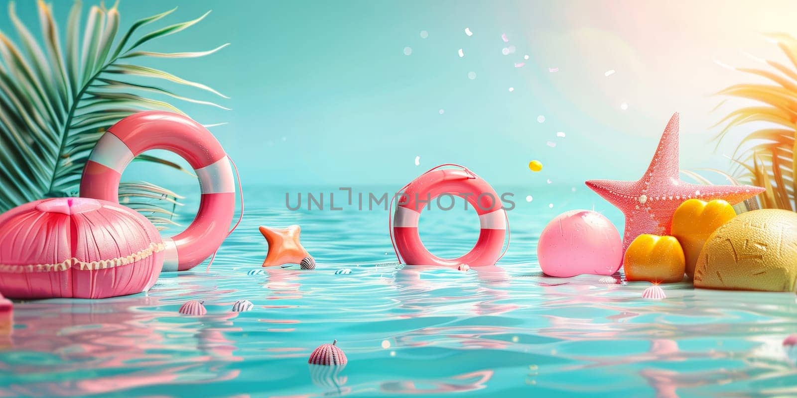 A beach scene with a pink star and a pink life preserver by nateemee