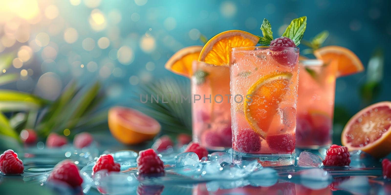 A glass of pink drink with raspberries and oranges by nateemee