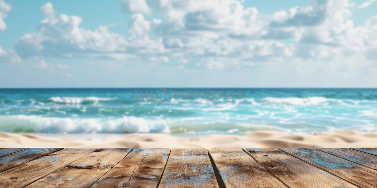 A wooden table with a view of the ocean