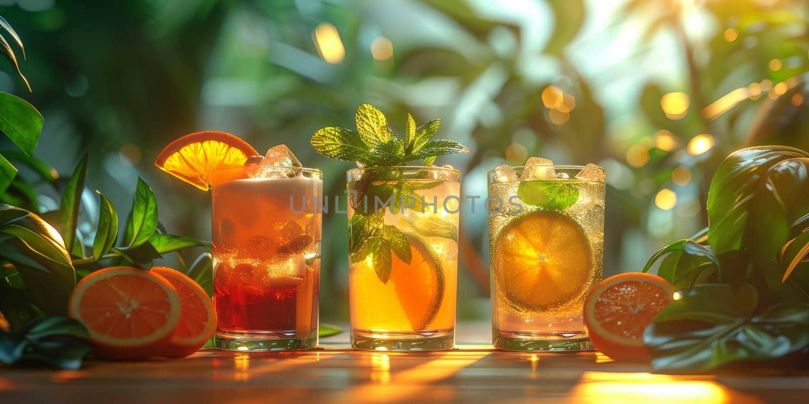 Three drinks with a lime and orange garnish on a table. The drinks are in glasses and are arranged in a row