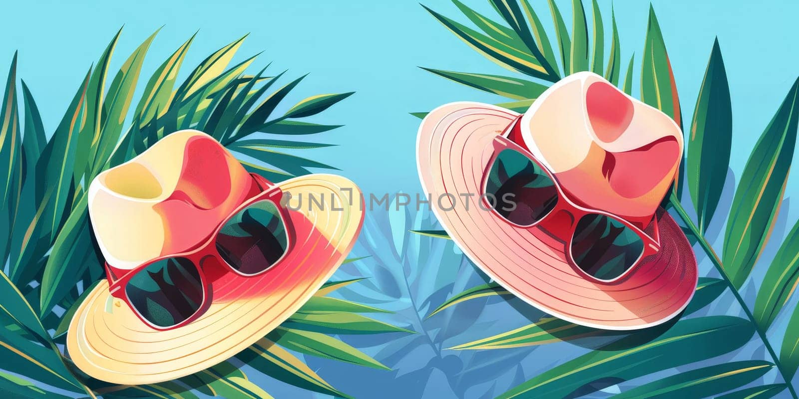 Two hats with sunglasses on them are on a leafy green background by nateemee