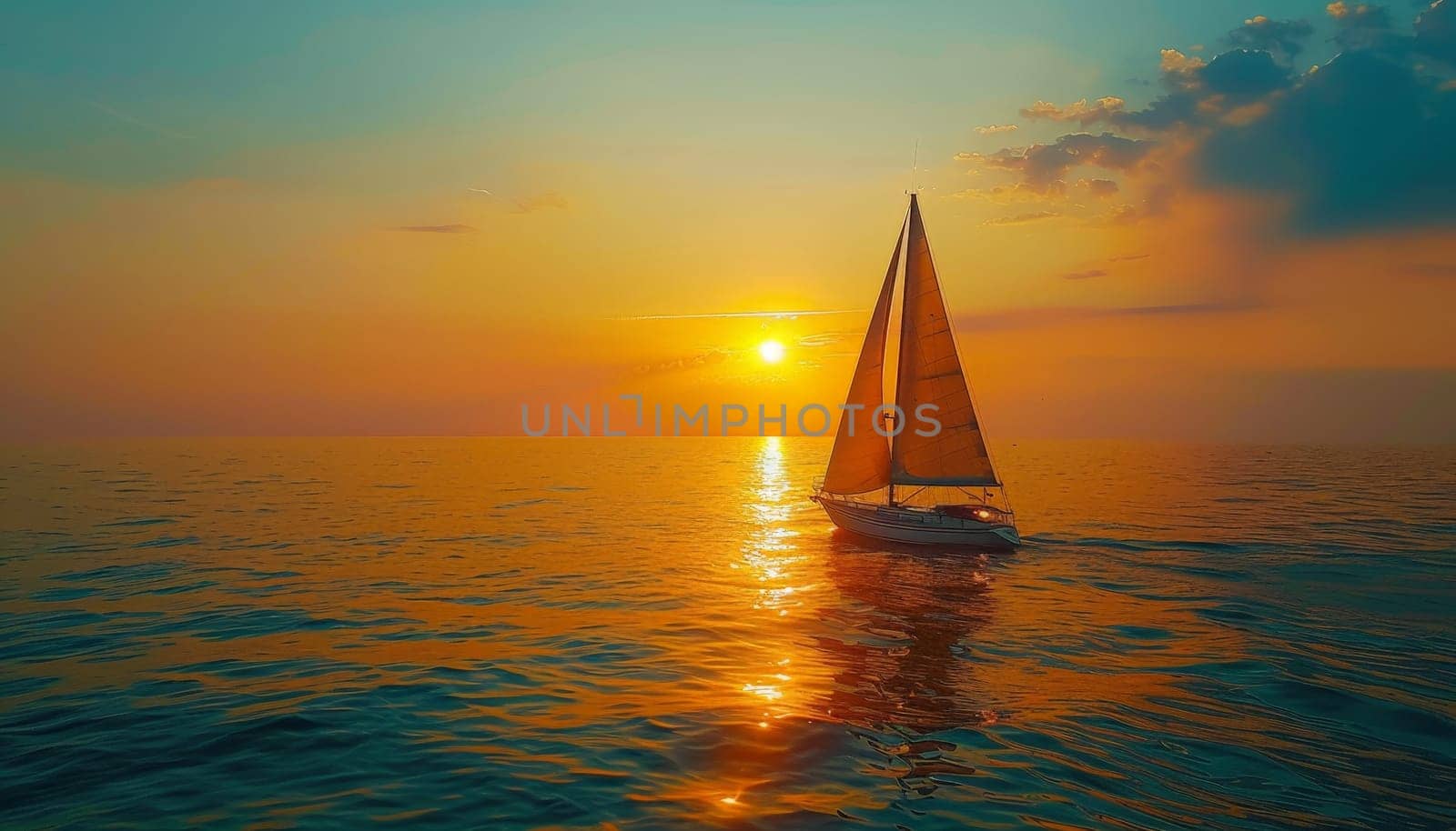 A sailboat is sailing on a calm ocean at sunset. The sky is filled with orange and pink hues, creating a serene and peaceful atmosphere