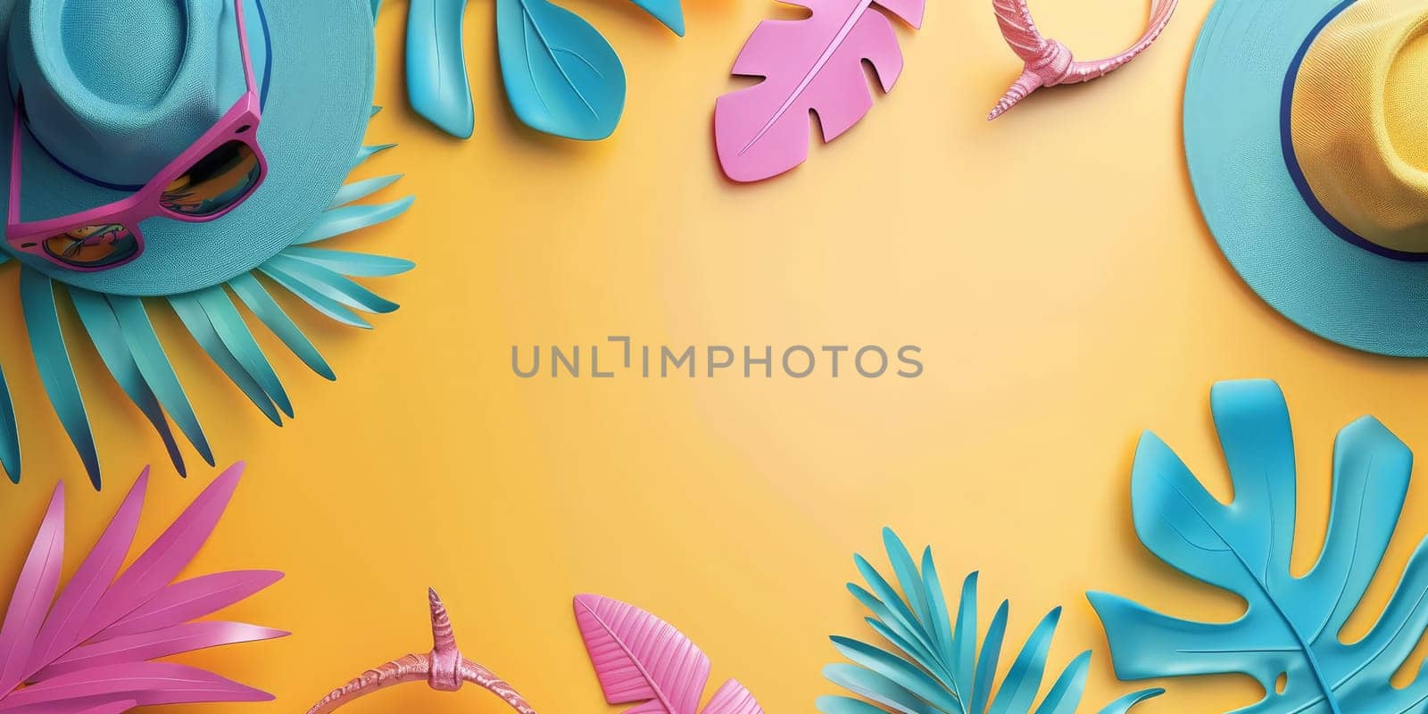 A colorful tropical scene with a yellow background and a variety of hats and sunglasses. The hats and sunglasses are scattered throughout the image, with some placed on the ground