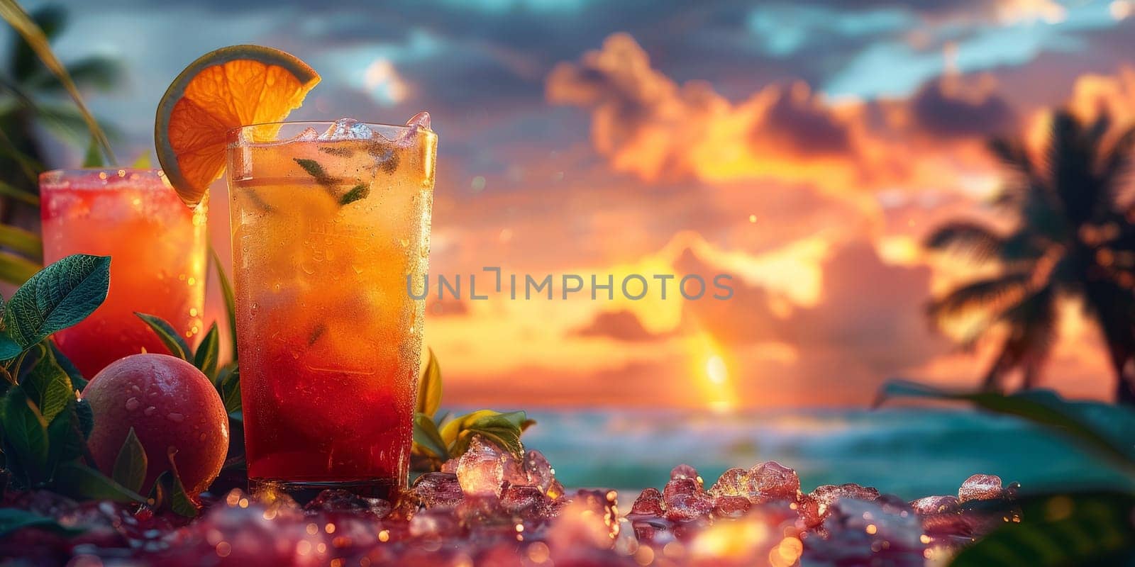 A tropical scene with a drink on a table with a sunset in the background. The drink is a cocktail with a slice of orange on top